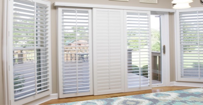 [Polywood|Plantation|Interior ]211] shutters on a sliding glass door in Charlotte